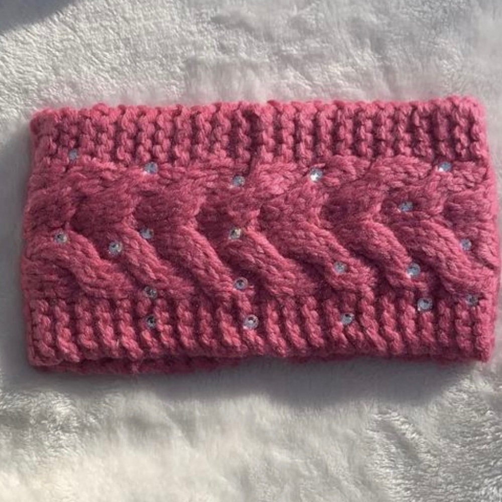 Pink Rhinestone Knit Headband, winter ear warmer